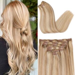 18” Highlighted Blonde Straight Clip-In Extensions 100% Human Hair   6pcs